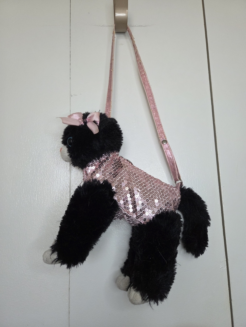 Poochie & Co. Black Cat Purse with Pink Sequin Plush Body and Pink Bow